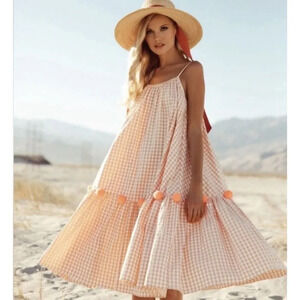 SUNDRESS BRAND Gingham Clea Swing Dress Women’s Size XS/S Peach Pompom Midi